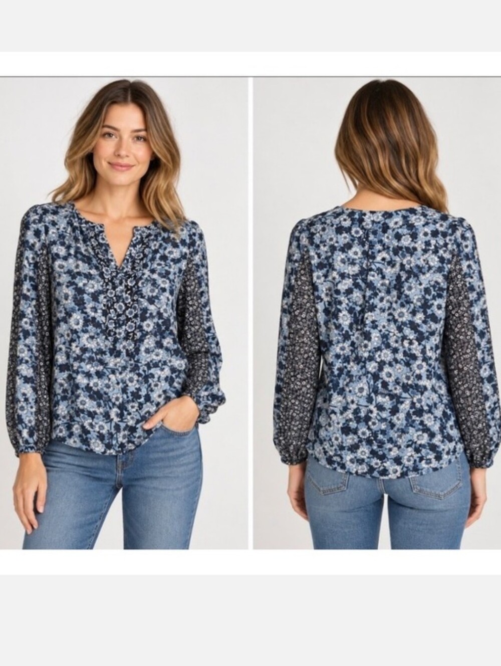 J.Jill Sheer Blue Floral Sheer Boho Long Sleeve Peasant Tunic Blouse M